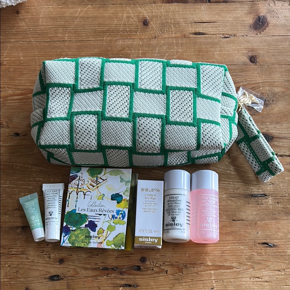 Sisley Green and White Cosmetic Bag with Skincare Set